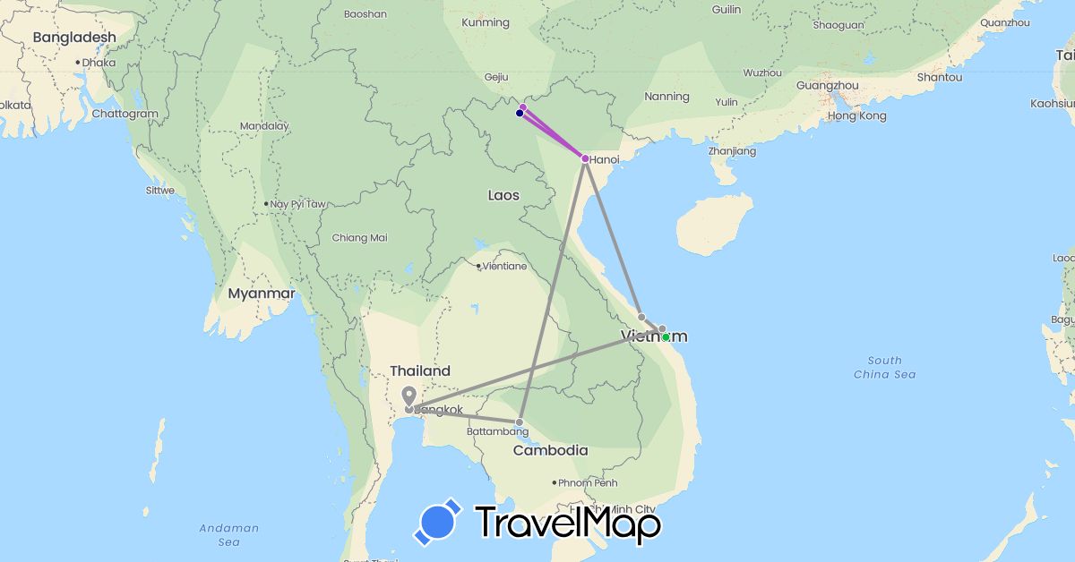 TravelMap itinerary: driving, bus, plane, train in Cambodia, Thailand, Vietnam (Asia)
